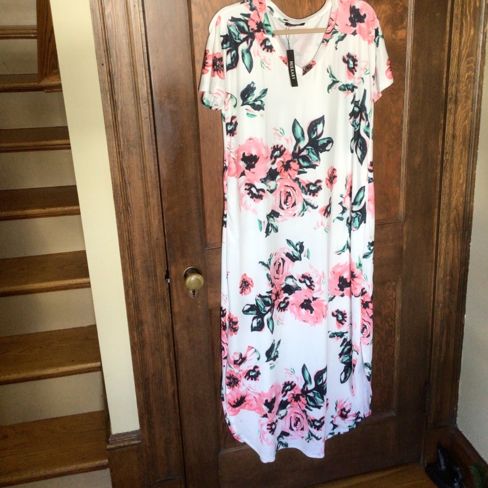 Womens Huskary Multi Floral V neck soft Maxi lounge Dress sz medium